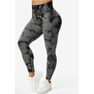 Butt Lifting Full Length Active Leggings Sz Medium Womens Tie Dye Black & Grey A